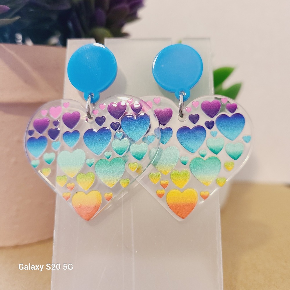 Heart Rainbow Gradient Acrylic Dangle Stud Earrings Blue Top NEW Women's Fun